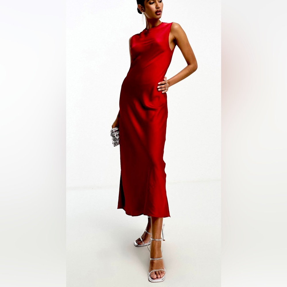 Red satin midi dress